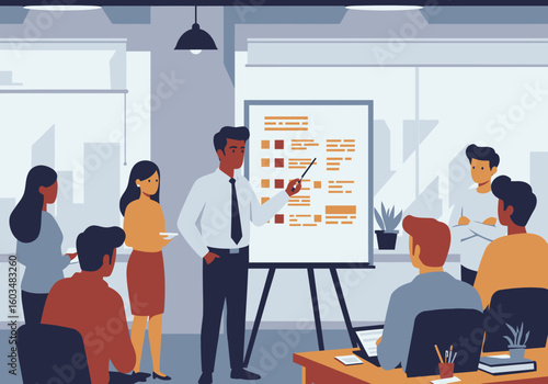 A meeting room scene with a man presenting data on a whiteboard to several attendees