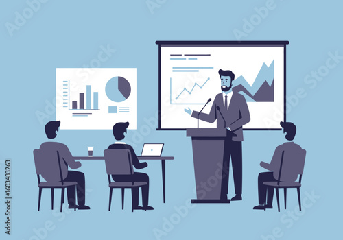 A man presents to an audience using a slideshow with charts and graphs