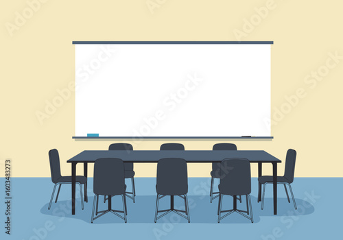 A room with a whiteboard table and chairs