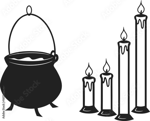 Vector illustration of a black and gold cauldron with a set of lamps, a candle, and a candle holder, perfect for a Halloween witch's magic