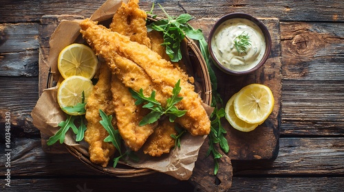 Southern fried catfish fillets with lemon and dipping sauce.
