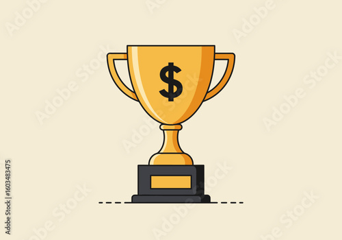 Gold trophy with black dollar sign stands on a dark grey base with a gold plate