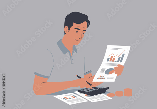 Man reviews paperwork with charts and graphs at desk with calculator and stacks of coins
