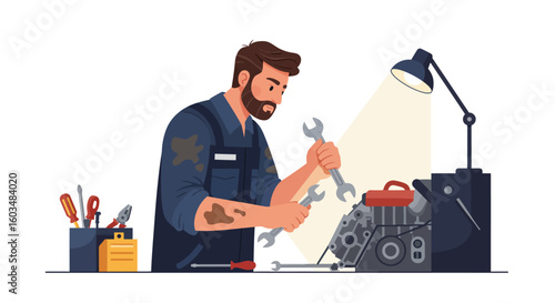 Mechanic Working on Engine with Wrenches and Tools.
