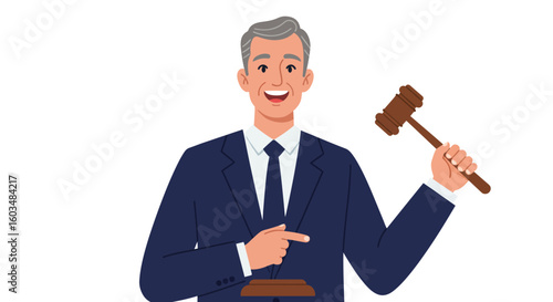 Smiling Judge Holding Gavel Pointing at Podium.