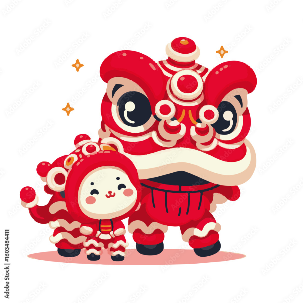 Obraz premium Chinese Lion Dance Barongsai Illustration, Flat Cartoon Vector