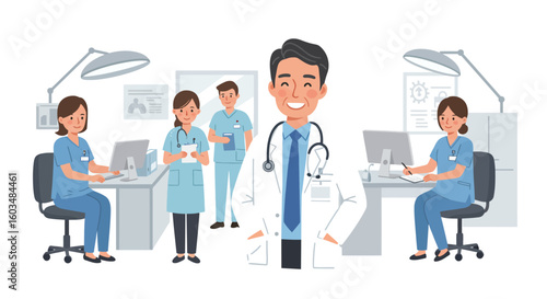 Smiling Doctor and Medical Team in Office.