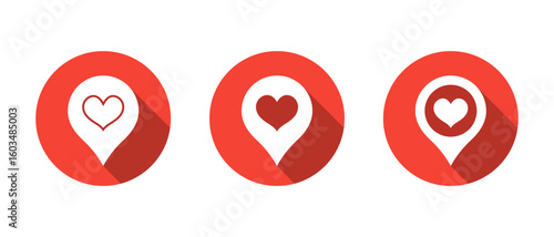 Heart location pin icon with long shadow. Love map marker for favorite or romantic place