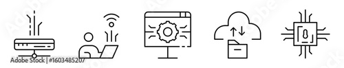 Conjunto de iconos de tecnología de la información. Procesamiento de datos. Servidor, conexión wifi, configuración del sistema, almacenamiento en la nube y microchip. Ilustración vectorial