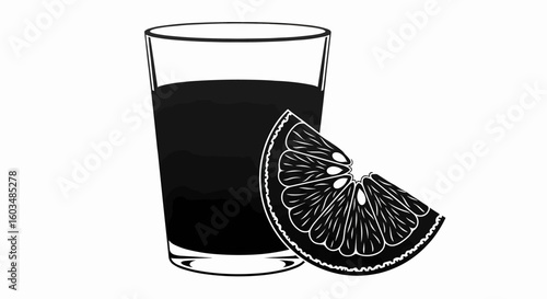 Simple black and white line art illustration of a glass of juice with a fresh citrus wedge garnish, isolated on a white background.