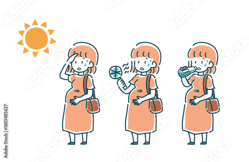 暑い日に出かける妊婦のベクターイラストセット