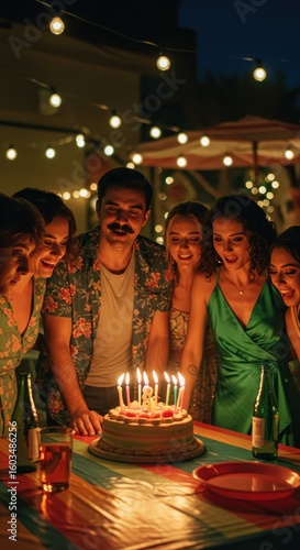 Group celebrating birthday with cake outdoors at night
