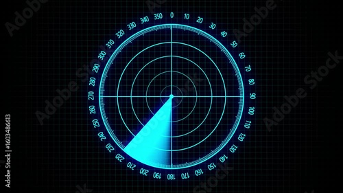 Radar screen animation on black background. Signal transmitted sonar radar.Radar point to detect enemy position.