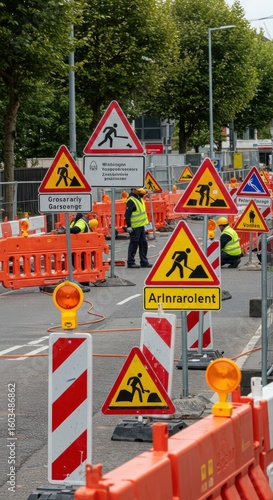 Road construction site with safety signs