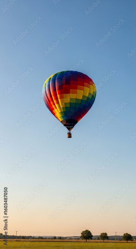 Fototapeta premium Colorful Hot Air Balloon Ascending Against a Clear Blue Sky at Sunset