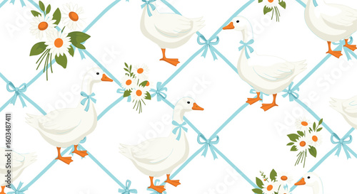 Cute floral seamless pattern with bows, flowers and goose. Preppy spring summer print