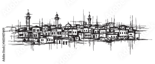 palestine cityscape tall building engraving sketch vector illustration
