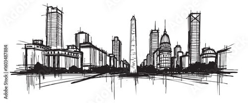 buenos aires argentina cityscape tall building engraving sketch vector illustration