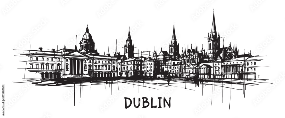 Fototapeta premium dublin ireland cityscape tall building engraving sketch vector illustration