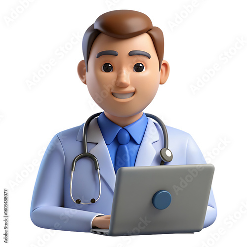 Friendly cartoon doctor using a laptop for medical consultation