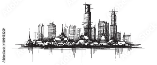 bangkok thailand cityscape tall building engraving sketch vector illustration