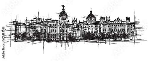 madrid spain cityscape tall building engraving sketch vector illustration
