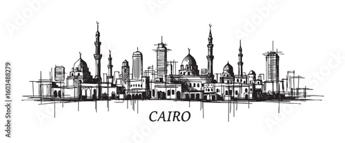 cairo cityscape tall building engraving sketch vector illustration