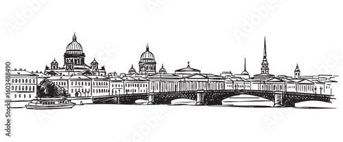 st petersburg rusia cityscape tall building engraving sketch vector illustration