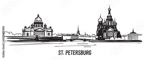 st petersburg rusia cityscape tall building engraving sketch vector illustration