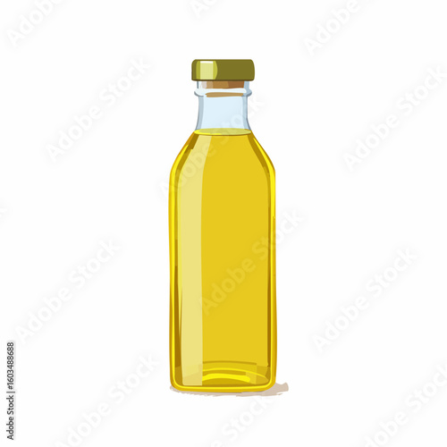 Cooking oil bottle – Clear bottle with yellow oil and flip-top cap.
