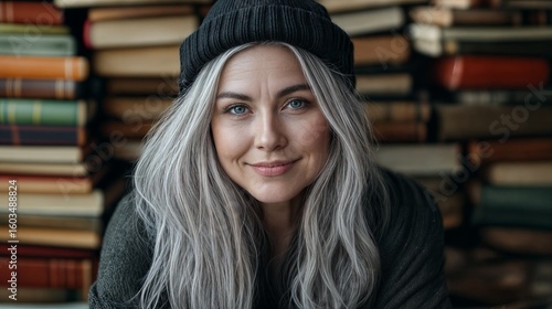 Wallpaper Mural Smiling woman with gray hair and black beanie posing in front of stacked books Torontodigital.ca