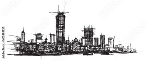 mumbai india cityscape tall building engraving sketch vector illustration