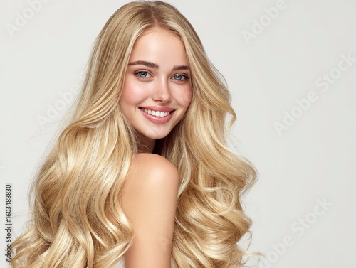Woman with Long Golden Curly Hair Portrait for Beauty Promotion, Fashion Magazines, Hairstyle Design, Skincare Ads, High - end Brand Image
