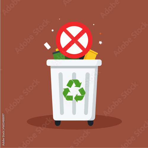 An illustration depicting the prohibition of placing non-recyclable waste in a recycling bin, emphasizing the importance of environmental protection.