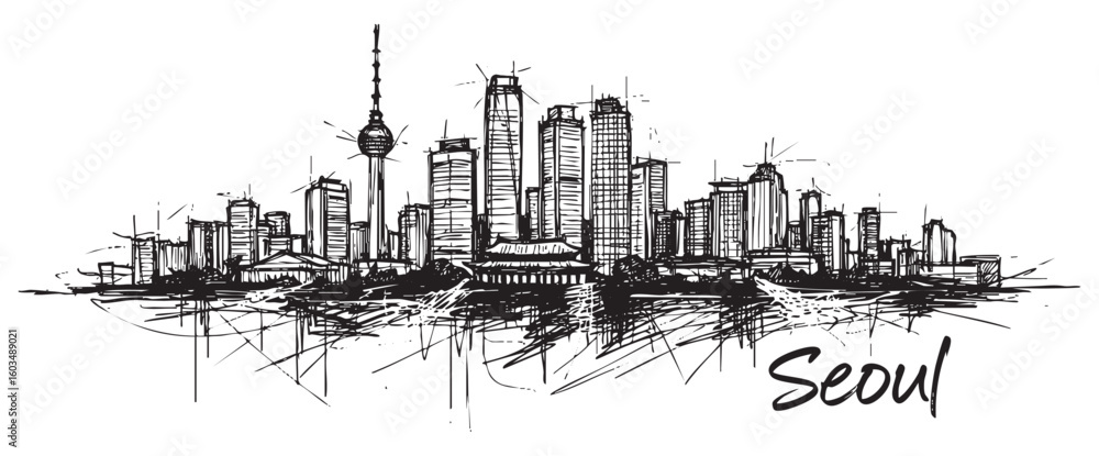 Obraz premium seoul south korea cityscape tall building engraving sketch vector illustration