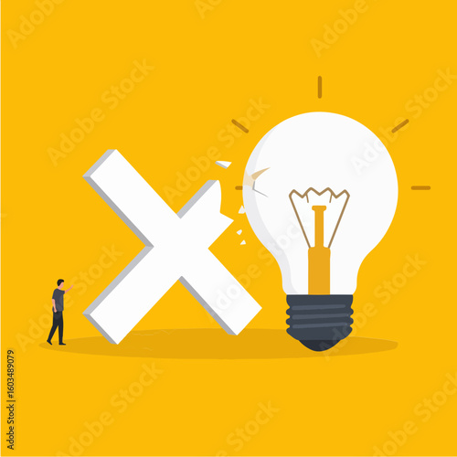 Conceptual illustration depicting a man observing a broken 'X' symbol impacting a lightbulb, symbolizing the rejection of ideas and negative feedback.