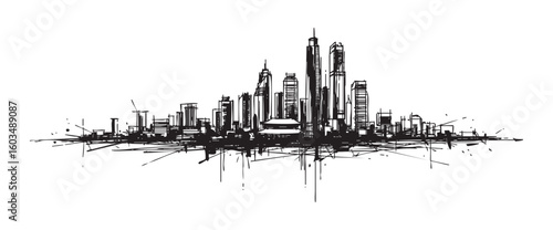 seoul south korea cityscape tall building engraving sketch vector illustration