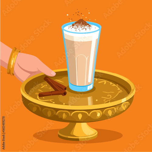 A woman serves a steaming cup of masala chai on a golden tray with cinnamon sticks, presenting a delightful and aromatic hot beverage experience.