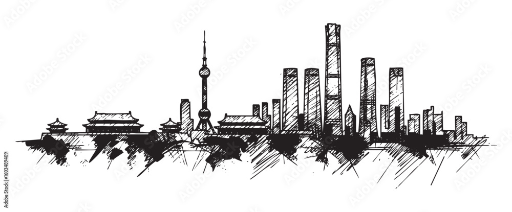 Fototapeta premium beijing china cityscape tall building engraving sketch vector illustration 
