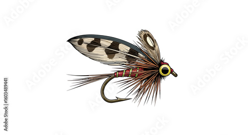 Detailed illustration of a decorative fishing fly lure with patterned wings and hook on white background