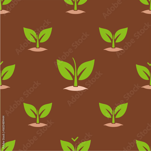 A seamless pattern showcasing minimalist sprouts emerging from soil on a brown background, perfect for nature-themed designs.