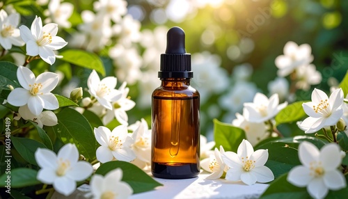 Amber bottle of essential oil surrounded by jasmine flowers