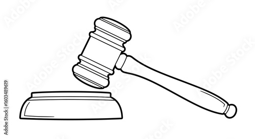 Monochromatic rendition showcases the gavel and sounding block imparting an element of legal authority with stark clarity and refined minimalist