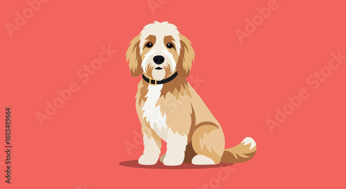 Illustrative vector art of a seated Goldendoodle dog against a simple, muted red background depicting domestic tranquility and charm