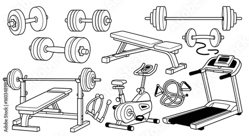 Detailed line art illustration of gym equipment showcasing various fitness tools and machines for exercise and strength training in a monochrome style
