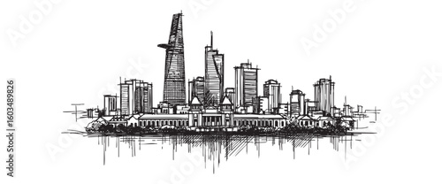 ho chi minh vietnam cityscape tall building engraving sketch vector illustration