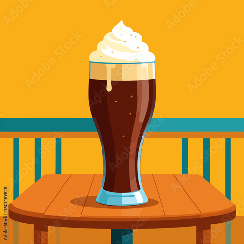 Cartoon illustration of a dark beer or root beer float with generous whipped cream topping, placed on a wooden table against a bright yellow background.