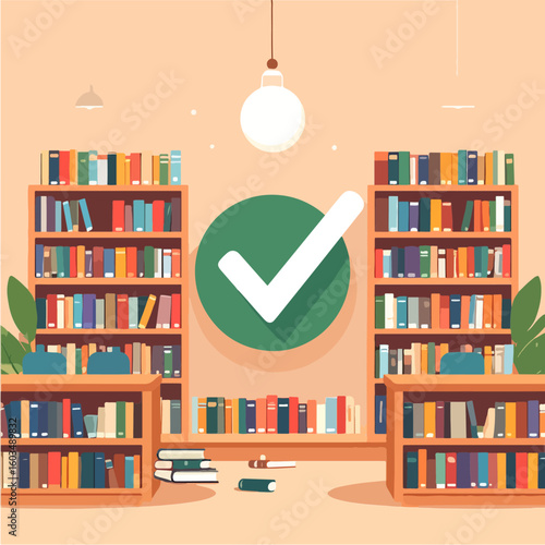 A cozy library or bookstore interior with bookshelves filled with books and a large green check mark indicating approval, success, or a completed task.