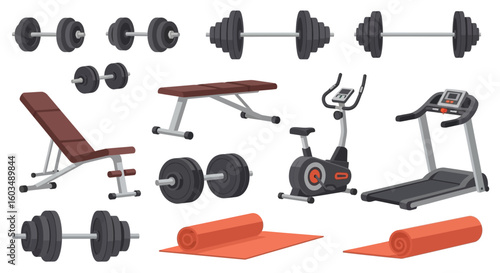 Gym equipment vectors representing fitness activities and healthy lifestyle training for workout enthusiasts and muscle building