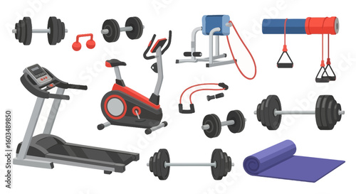 Diverse assortment of fitness equipment showcasing home gym accessories, ideal for exercise illustration and workout visualizations
